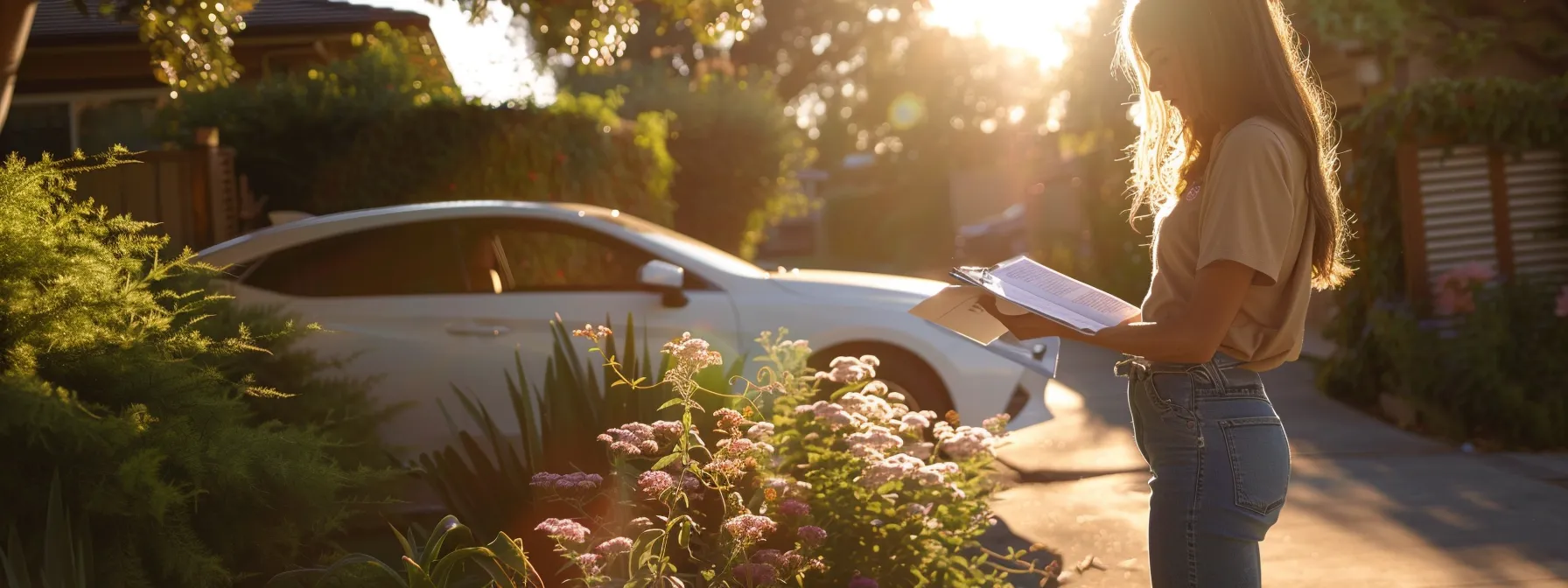 a woman standing next to her parked car in a sunny murrieta neighborhood, carefully reviewing her car insurance documents.