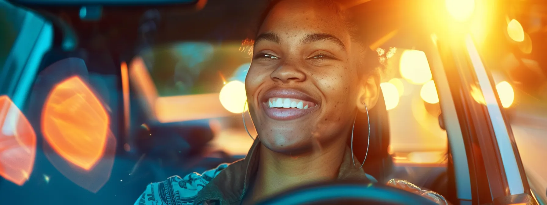 a person driving a car with a smile, surrounded by dollar signs and discount tags, representing savings on car insurance in murrieta, ca.