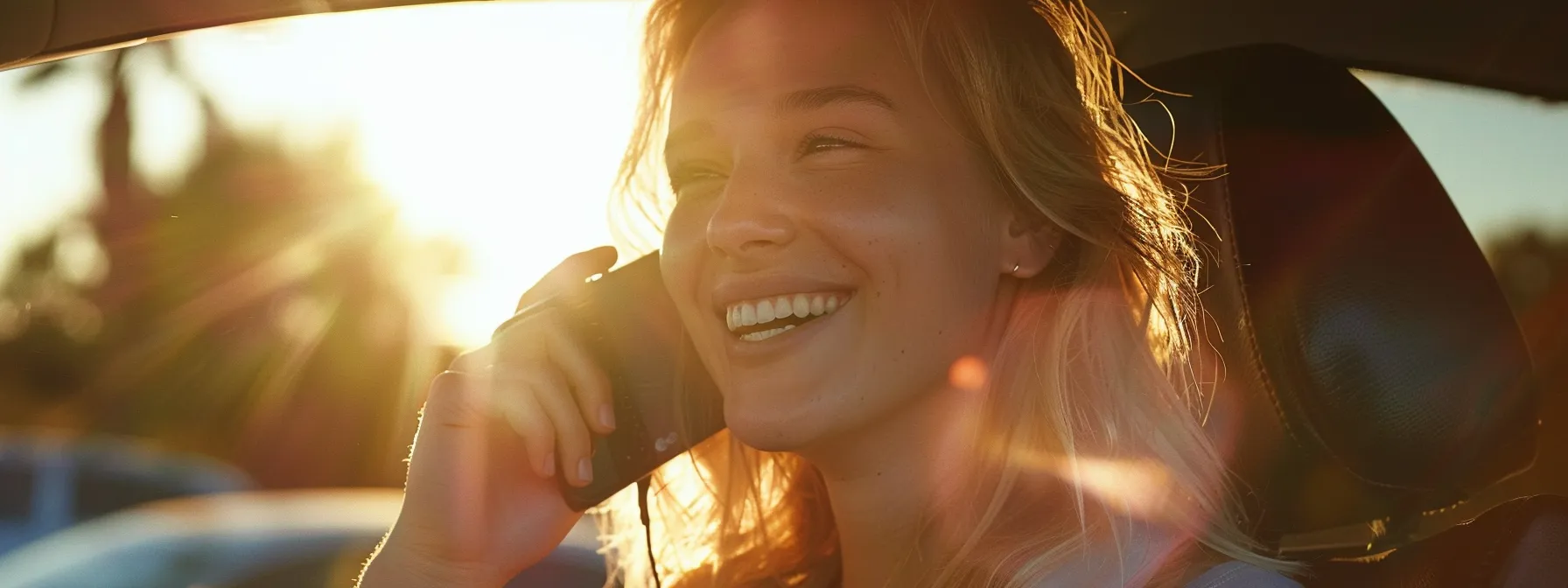 a person sitting in their car, smiling as they talk on the phone with their insurance broker in a sunny murrieta, ca parking lot.