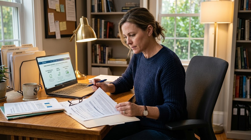 homeowner reviewing homeowners insurance coverage options and policy documents
