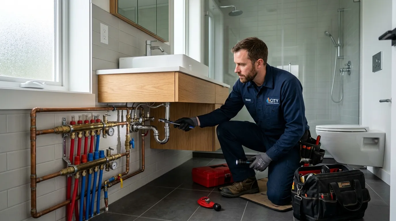 Professional plumber in uniform examining complex residential plumbing system with pipes and fixtures