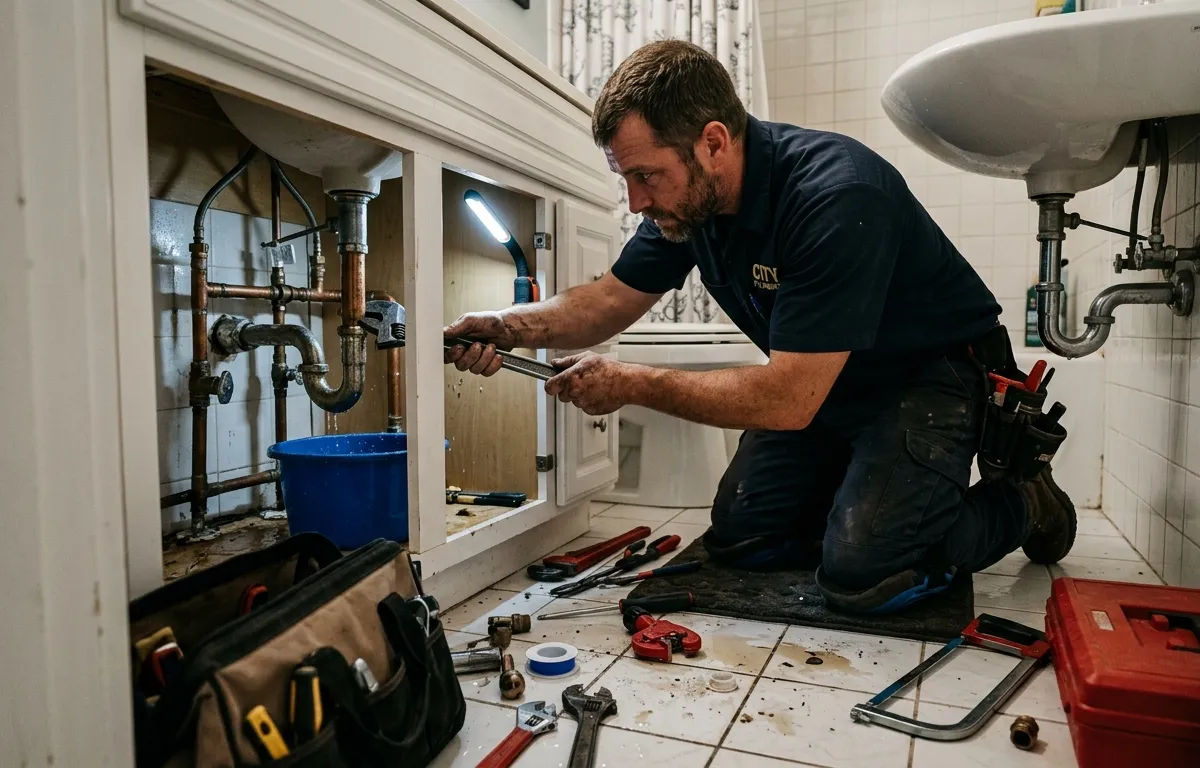 Plumber working on pipes under sink in client's home with tools and water visible