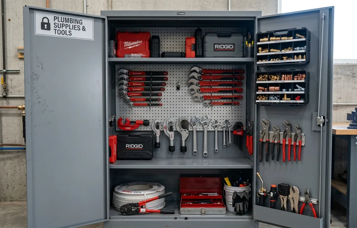Plumber's toolbox and equipment neatly organized and protected in secure storage cabinet