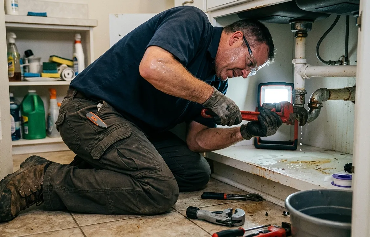 Plumber working on pipe in residential bathroom showing physical nature of work and injury risks