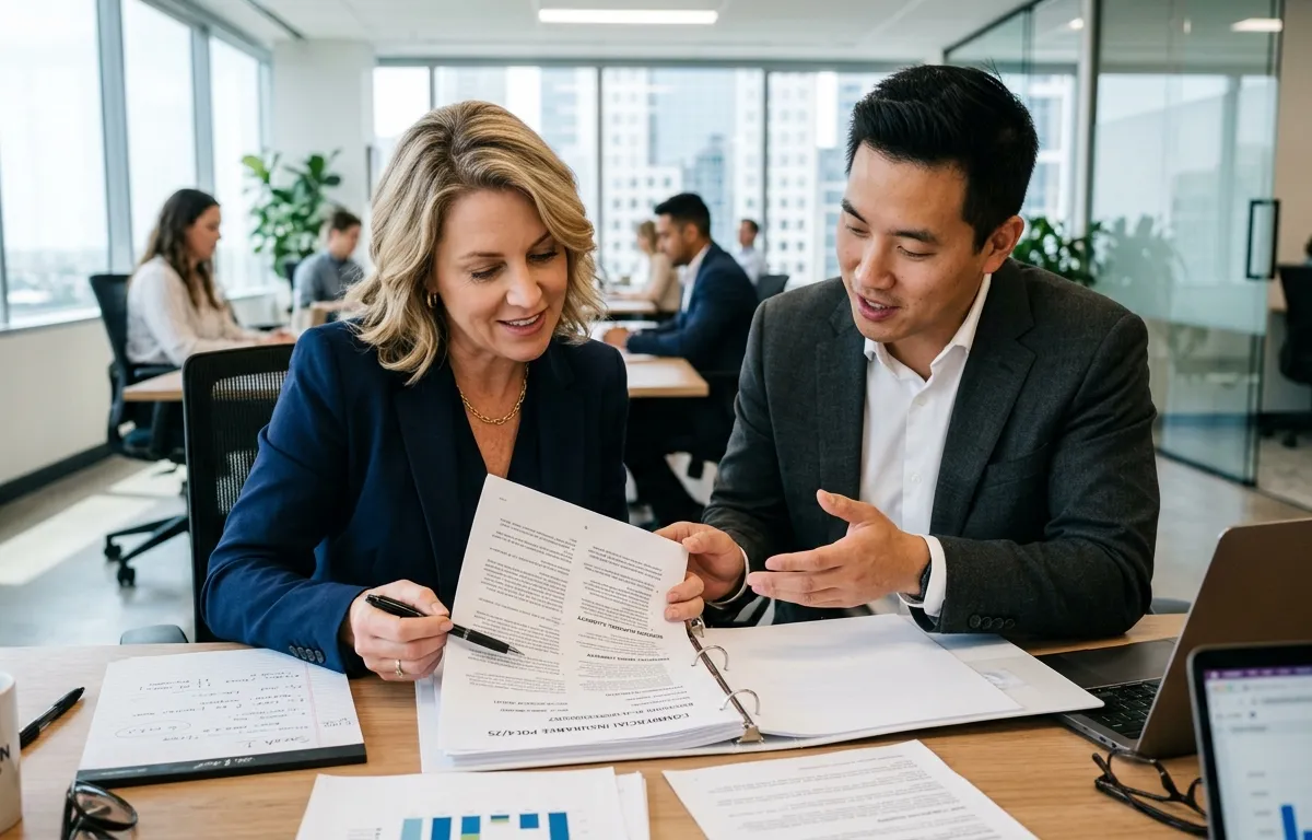 Business owner reviewing insurance documents with a colleague at a desk