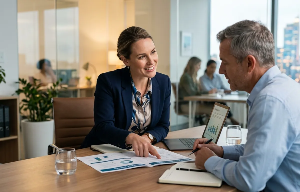 Insurance professional discussing coverage options with a client in a modern office