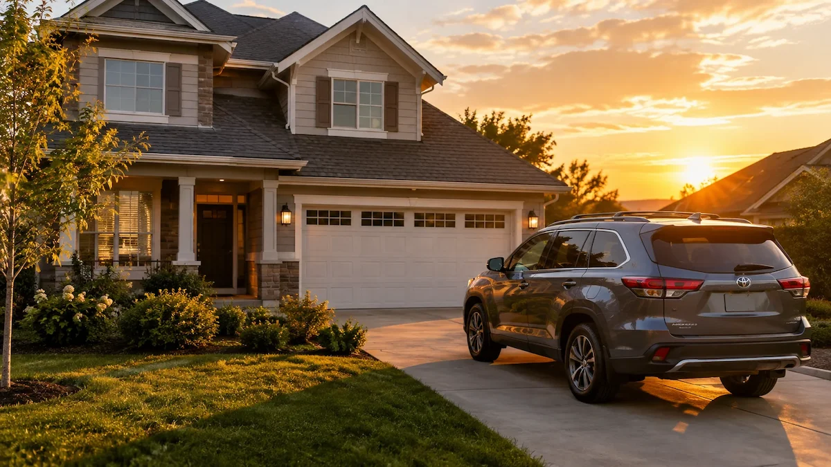 Suburban home and family vehicle illustrating home and auto insurance bundling